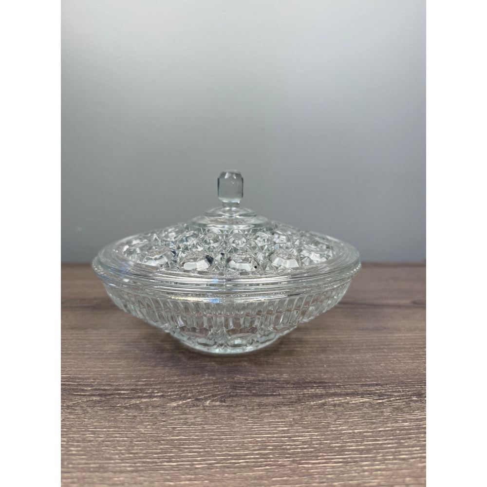 Vintage Clear Pressed Glass Candy Dish with Lid Thumbprint Diamond Point 7.5in